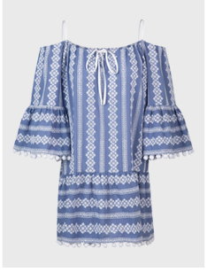 Blue and White Off the Shoulder Embroidered Dress with Thin Shoulder Straps