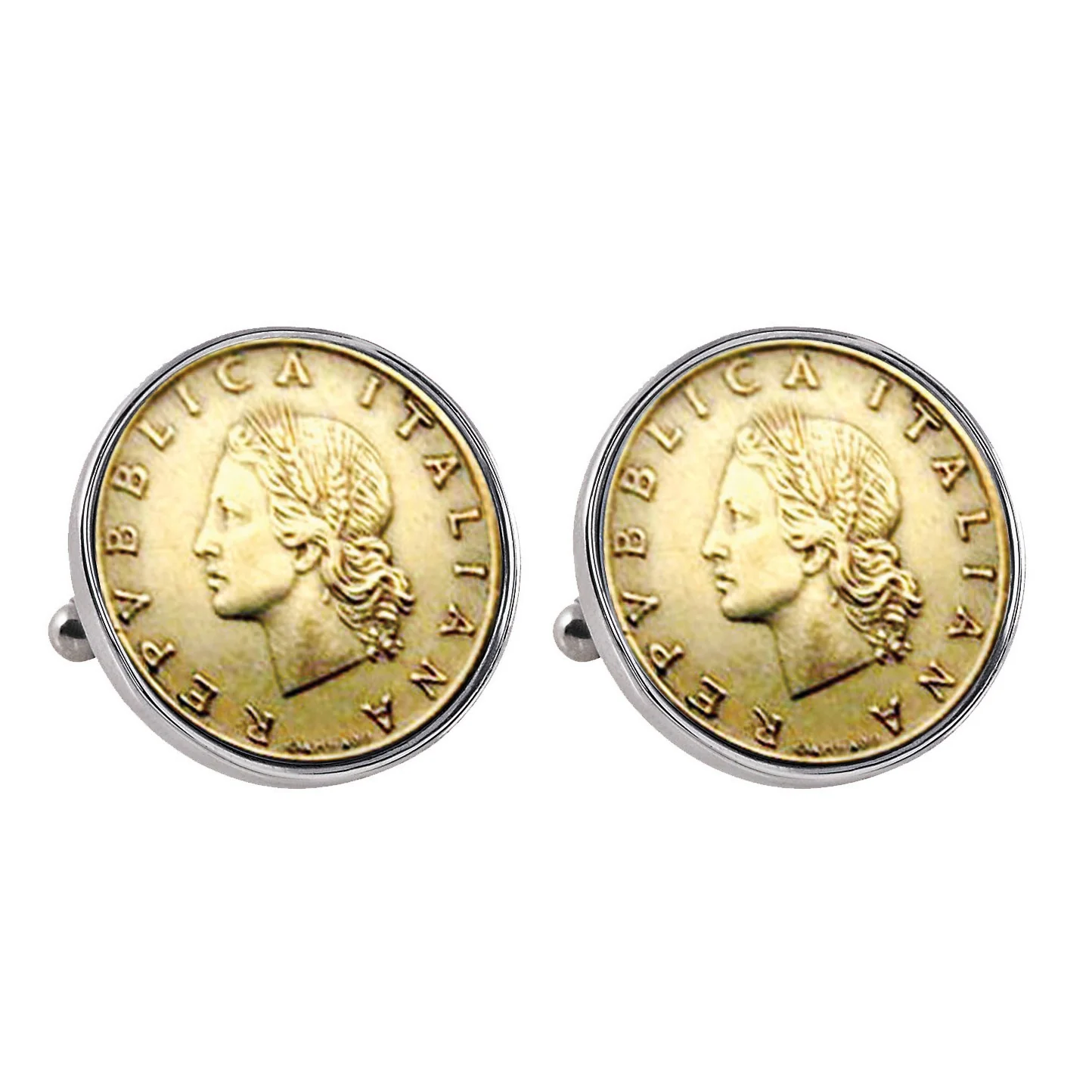 Image of 1990-1995 Italian Republic Coin Silvertone Bezel Cufflinks