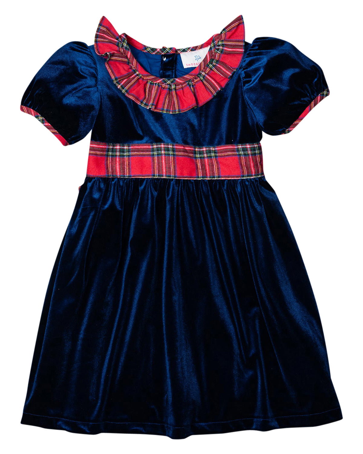 Navy Velvet Longall with Red Tartan Trim