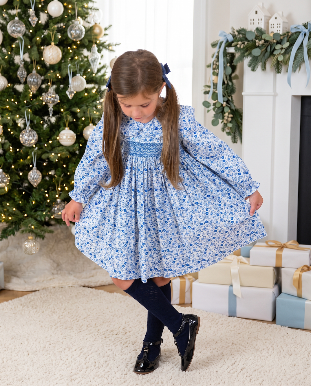 Winter Blue Floral Smocked Dress
