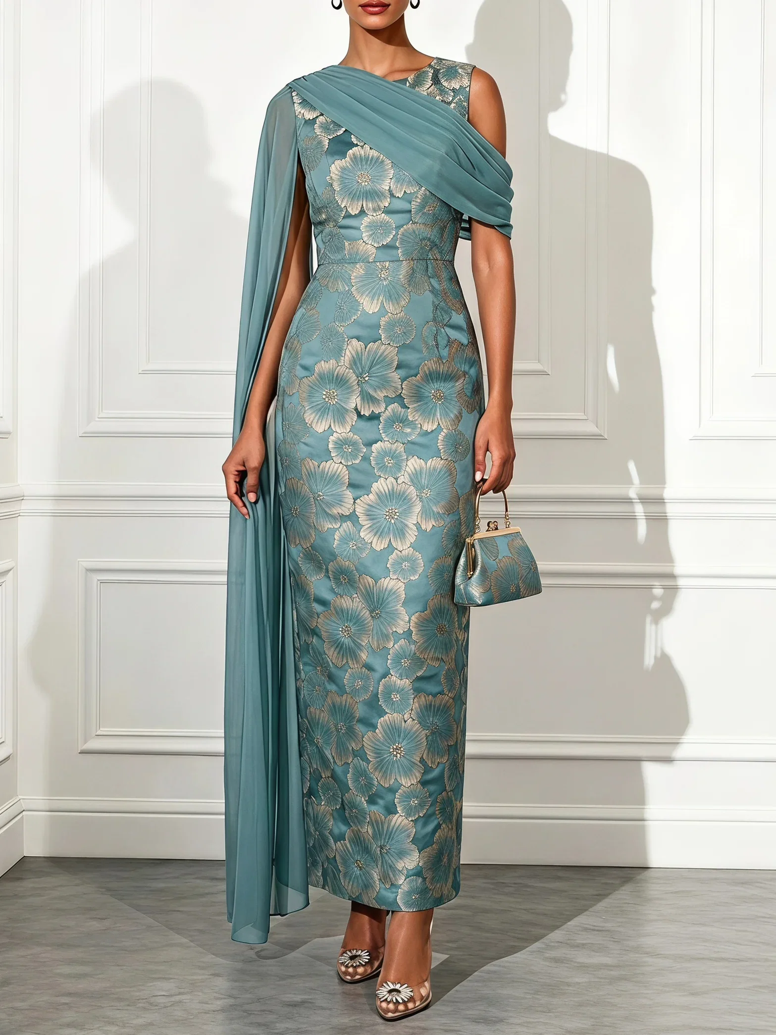 Cyan Jacquard Classic Crew Neck Sleeveless Sheath Maxi Dress