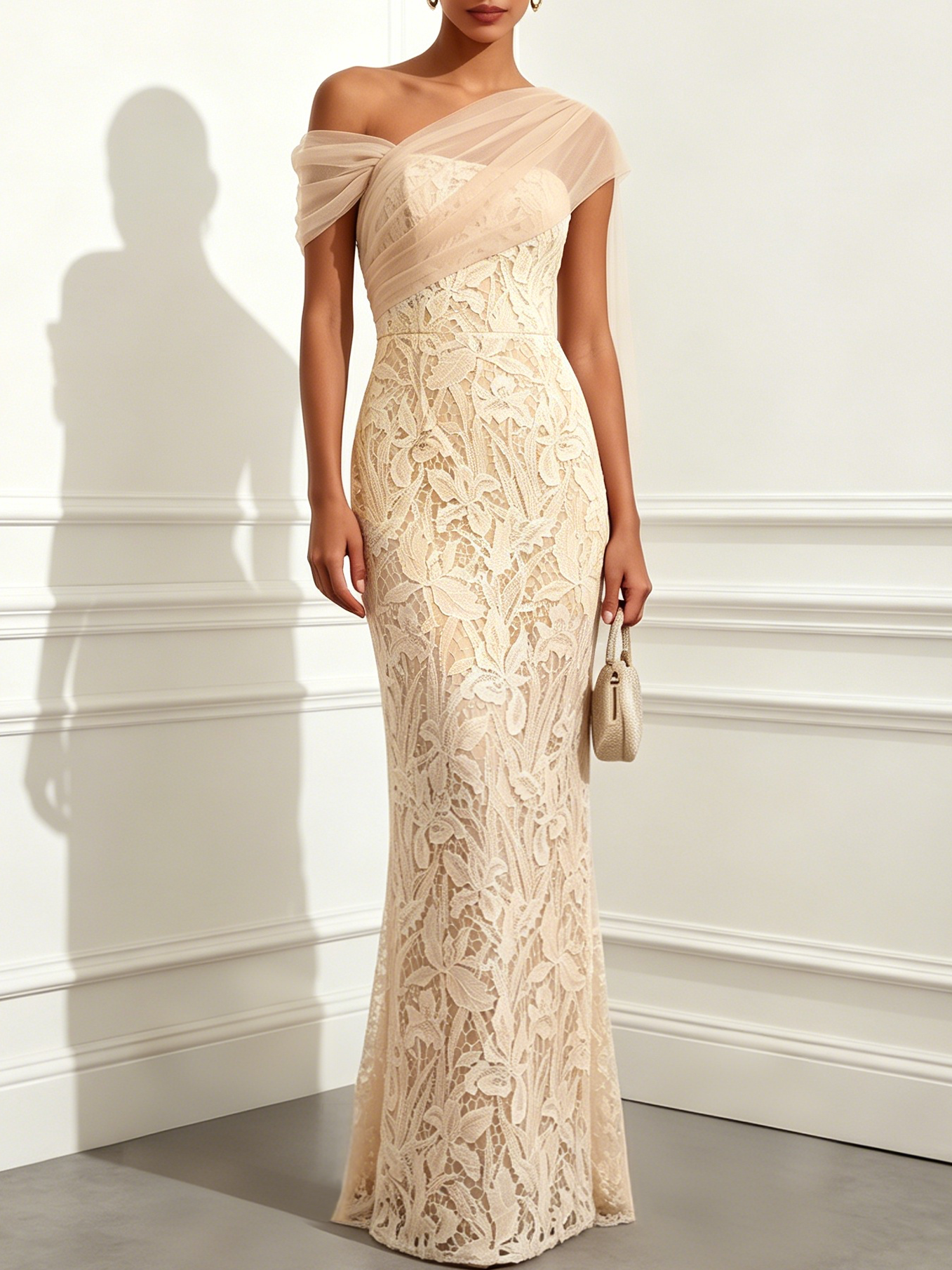 Beige Mesh Lace Asymmetrical Short Sleeve Mermaid Floor Length Dress