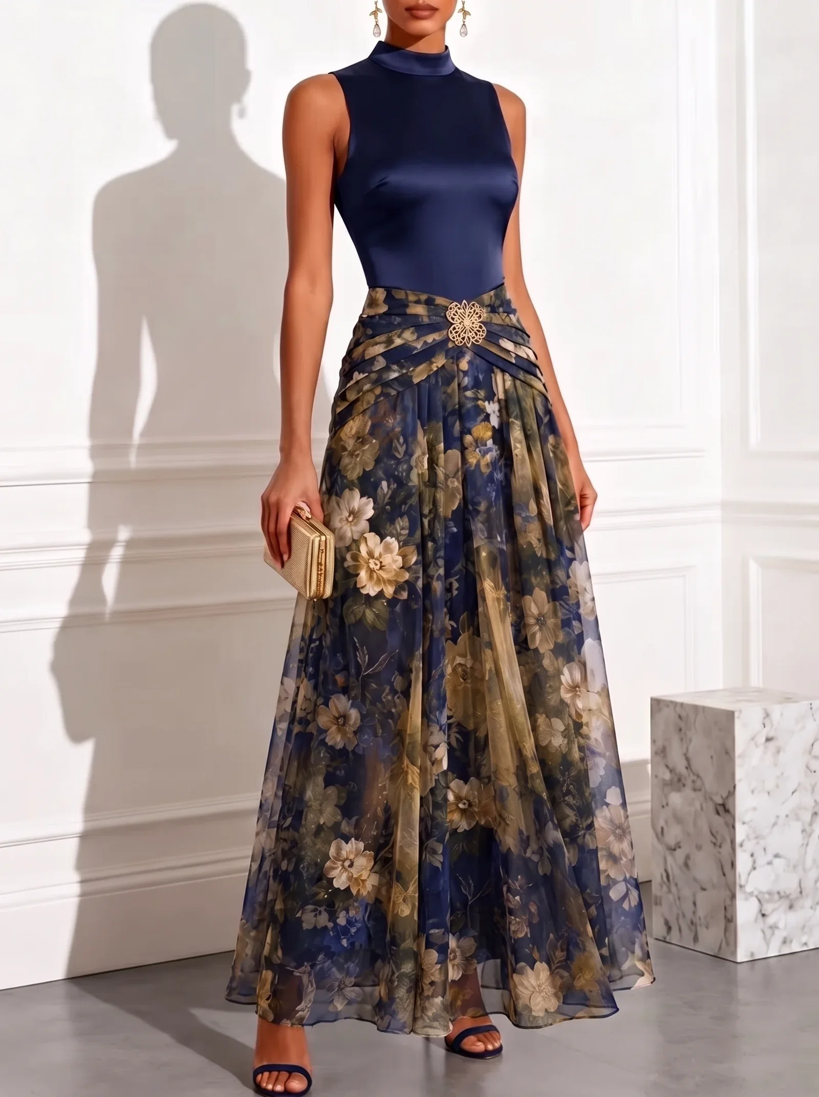 Deep Blue Floral Chiffon Mock Neck Sleeveless A-Line Maxi Dress