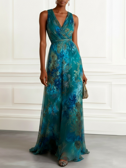 Green Floral Ruched Chiffon V Neck Sleeveless A-Line Maxi Dress
