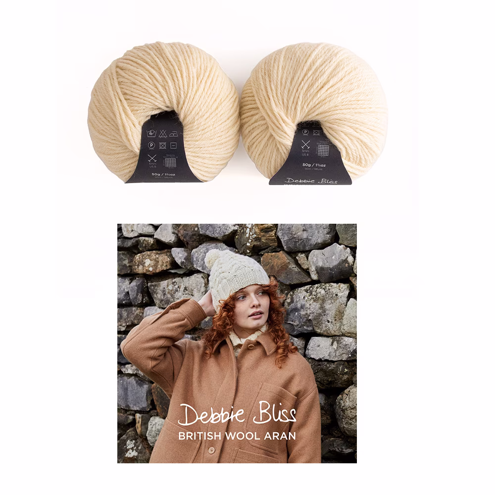 Debbie Bliss British Wool Aran Cabled Bobble Hat 2 Ball Knitting Kit

