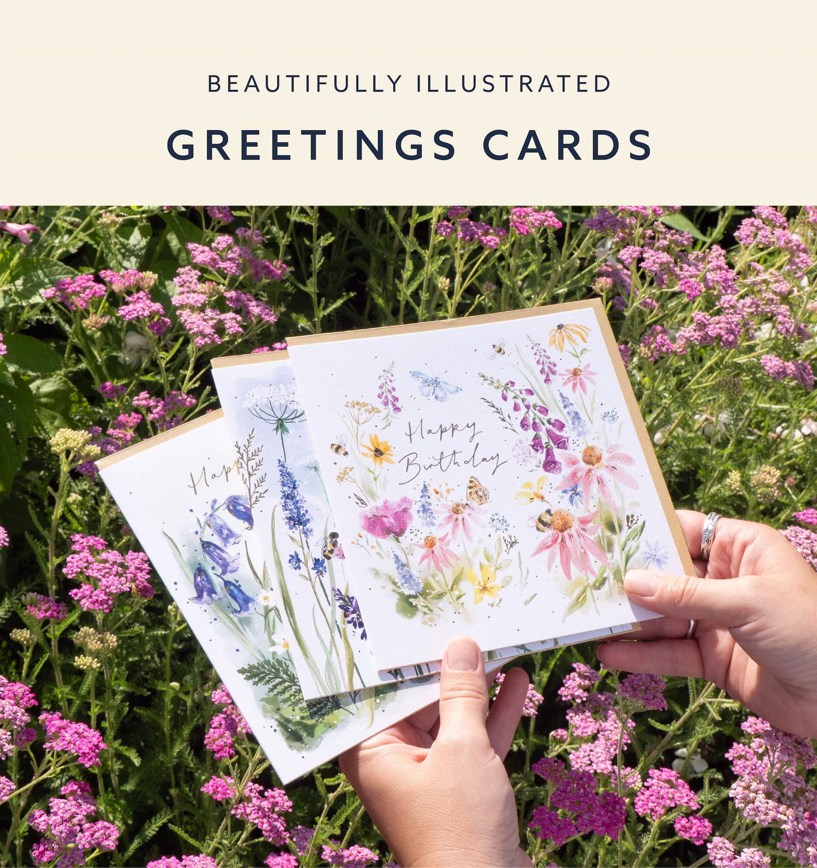 Three beautifully illustrated floral birthday cards held in front of a colourful summer flower meadow. Shop our greetings card collection.