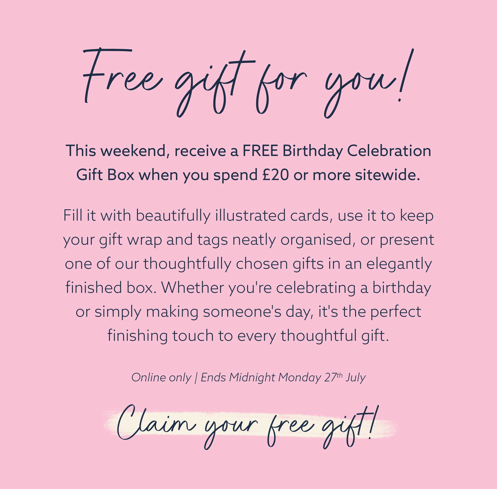 A promotional graphic showing a pink Whistlefish magnetic gift box with a birthday cake illustration on the lid and colourful confetti detailing. The heading reads, "Everything to Love About Your Free Gift Box". Handwritten callouts highlight the premium features: gold foil details, ribbon accent, magnetic closure and designed in Cornwall. The gift box is photographed slightly open to showcase its magnetic fastening and elegant finish.