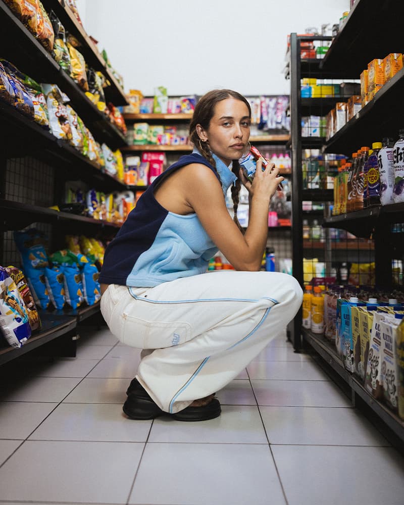 Mr Cool Polar Fleece Vest& Flip Mommy Low Rise Baggy Jean in white.