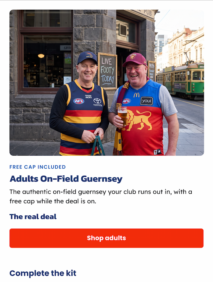Two men outside a pub wearing AFL guernseys and caps