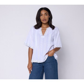 Susan Graver Woven Dobby Eyelet Split Neck Top with Studs