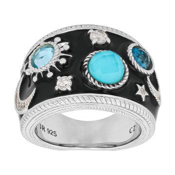 Judith Ripka Turquoise, Blue Topaz, Enamel & Cubic Zirconia Rhodium Over Silver Galaxy Ring