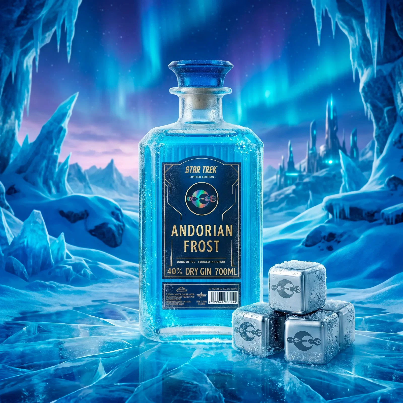 Star Trek Andorian Frost Gin Set mit Edelstahl Eiswürfeln