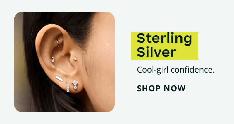 Geometric ear stack with silver-set studs. Sterling silver. Cool-girl confidence. Click here to shop now