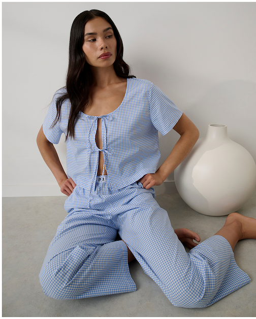 airy cotton set, blue check, pants and short sleep top 