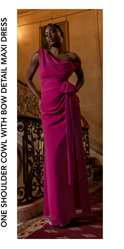  One Shoulder Cowl With Bow Detail Maxi Dress - Magenta by Goddiva - DR4606