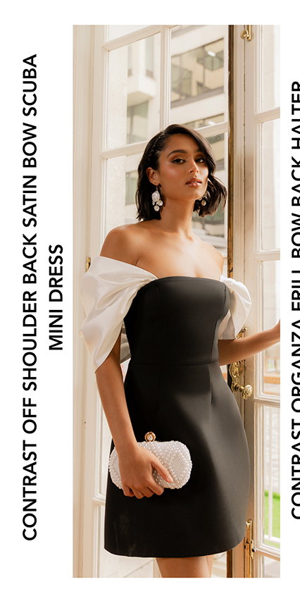 Contrast Off Shoulder Back Satin Bow Scuba Mini Dress - Black Cream by Goddiva