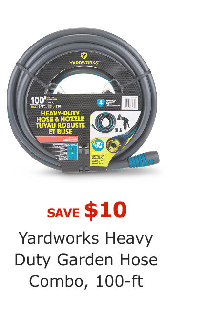 Save $10 on Yardworks Heavy Duty Garden Hose Combo, 100-ft.