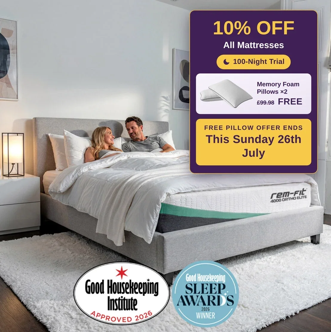 REM-Fit Summer Sale - Sleep Cooler For Less. 10% off all mattresses + 2 free memory foam pillows