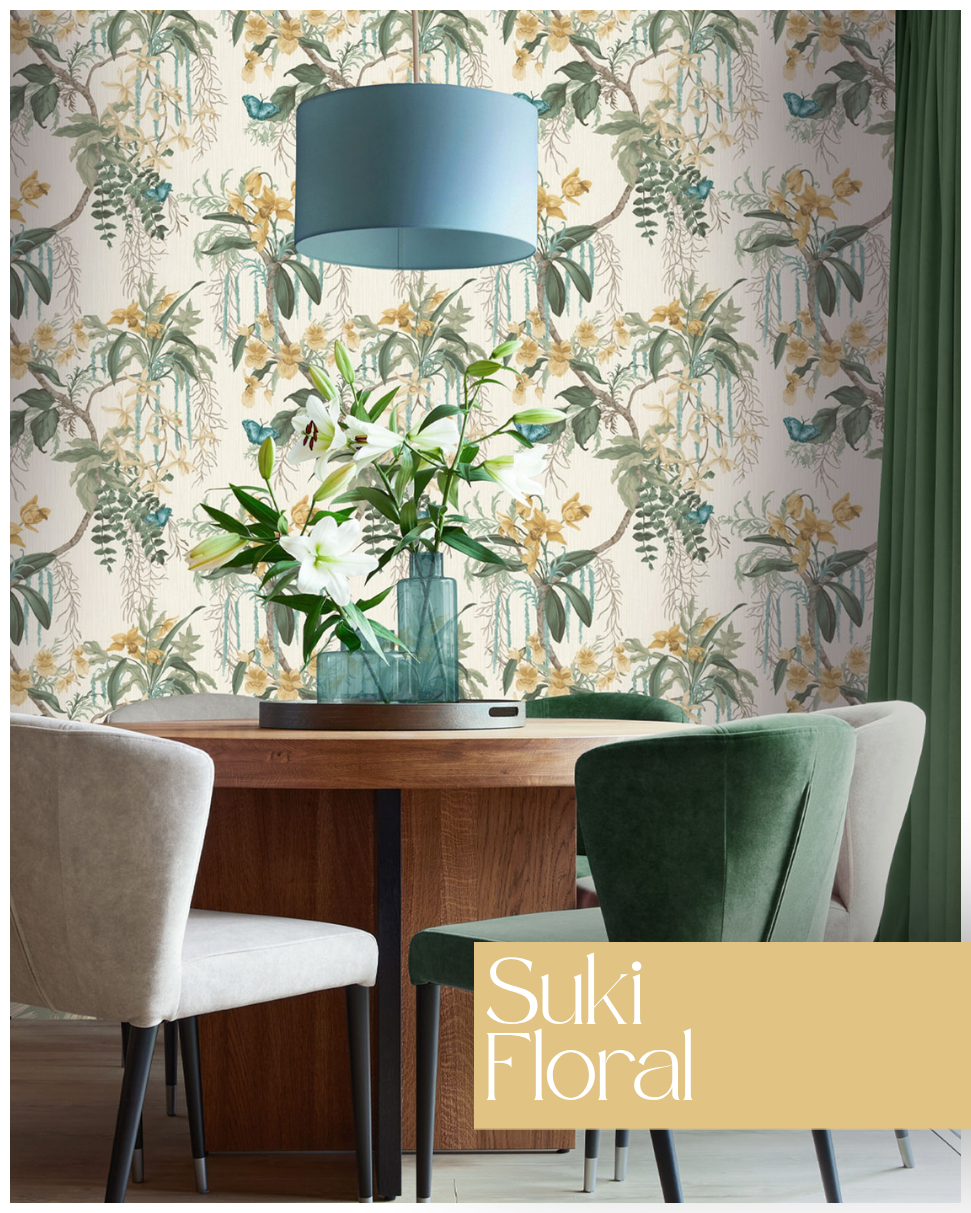 Suki Floral Textured Wallpaper Green / Yellow Belgravia 2161