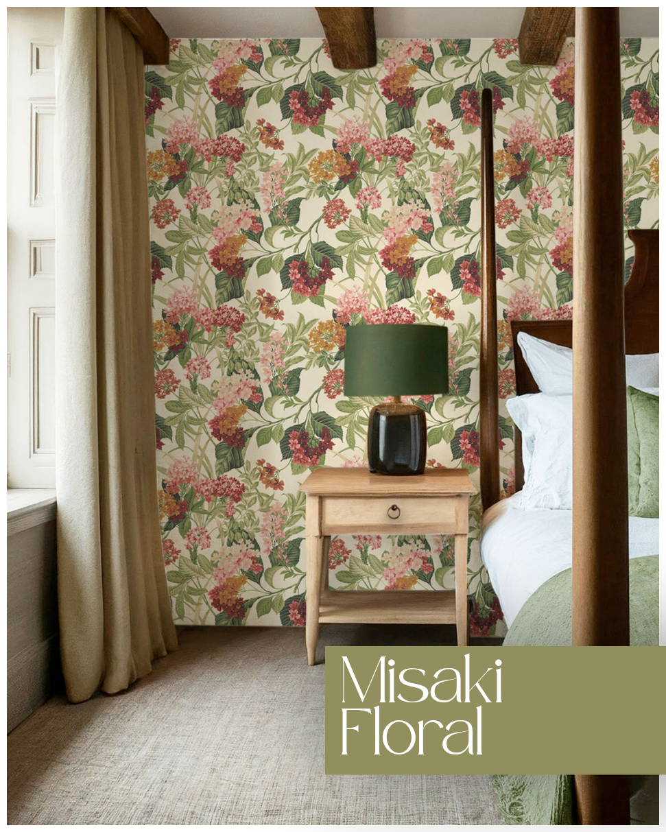 Misaki Floral Wallpaper Sage Green / Orange Belgravia 2322