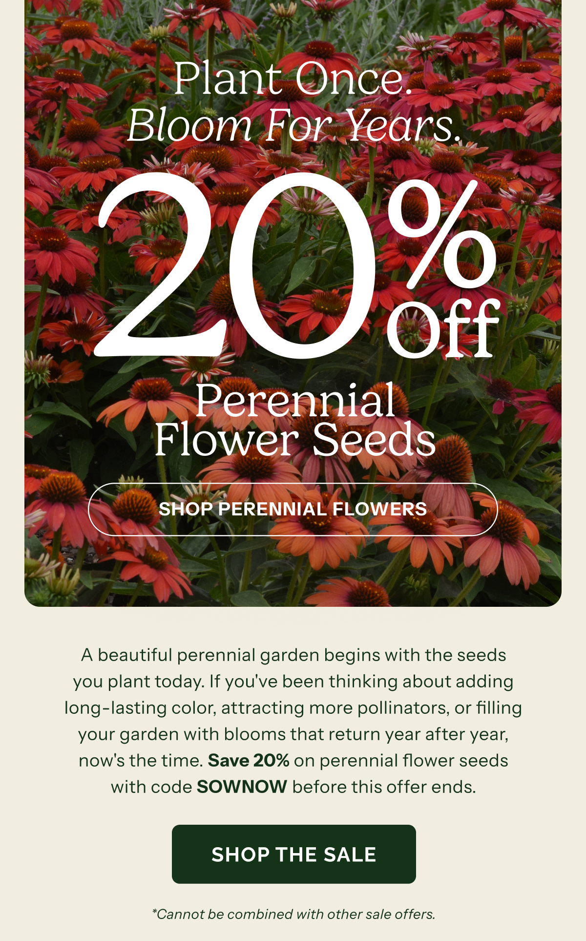 20% Off Perennial Flower Seeds; SHOP PERENNIAL FLOWERS Plant Once. Bloom For Years.