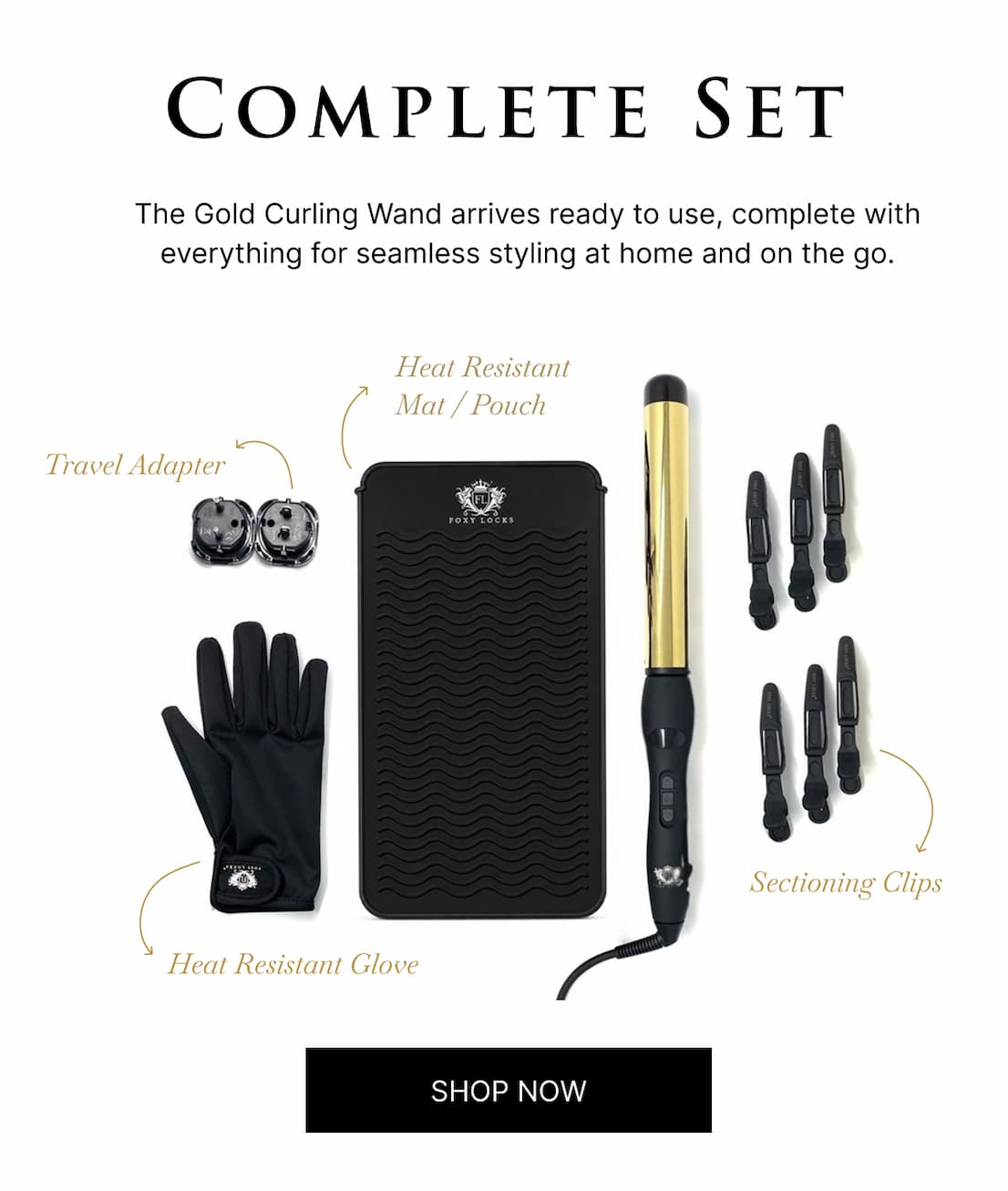 Complete Set | The Gold Curling Wand arrives ready to use, complete with everything for seamless styling at home and on the go.