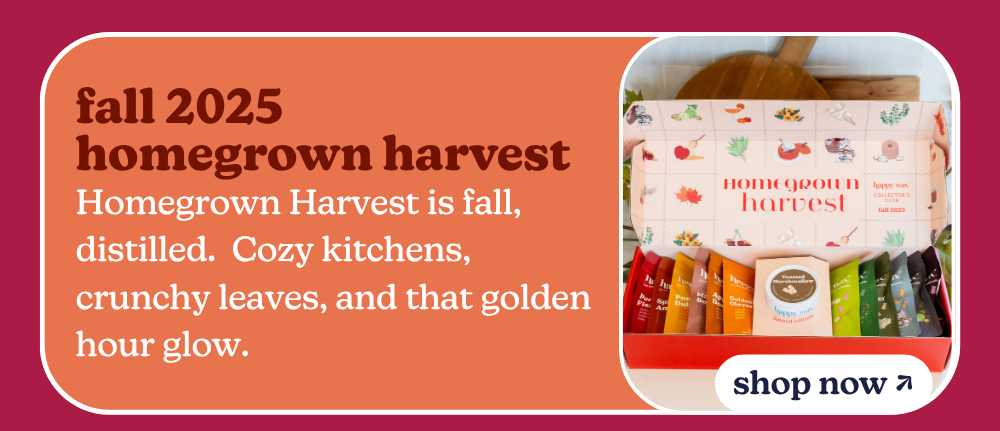fall 2025 homegrown harvest: Homegrown Harvest is fall, distilled.  Cozy kitchens, crunchy leaves, and that golden hour glow.