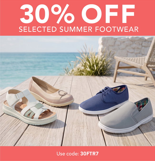 Save 30% off selected footwear when you use code: 30FTR7