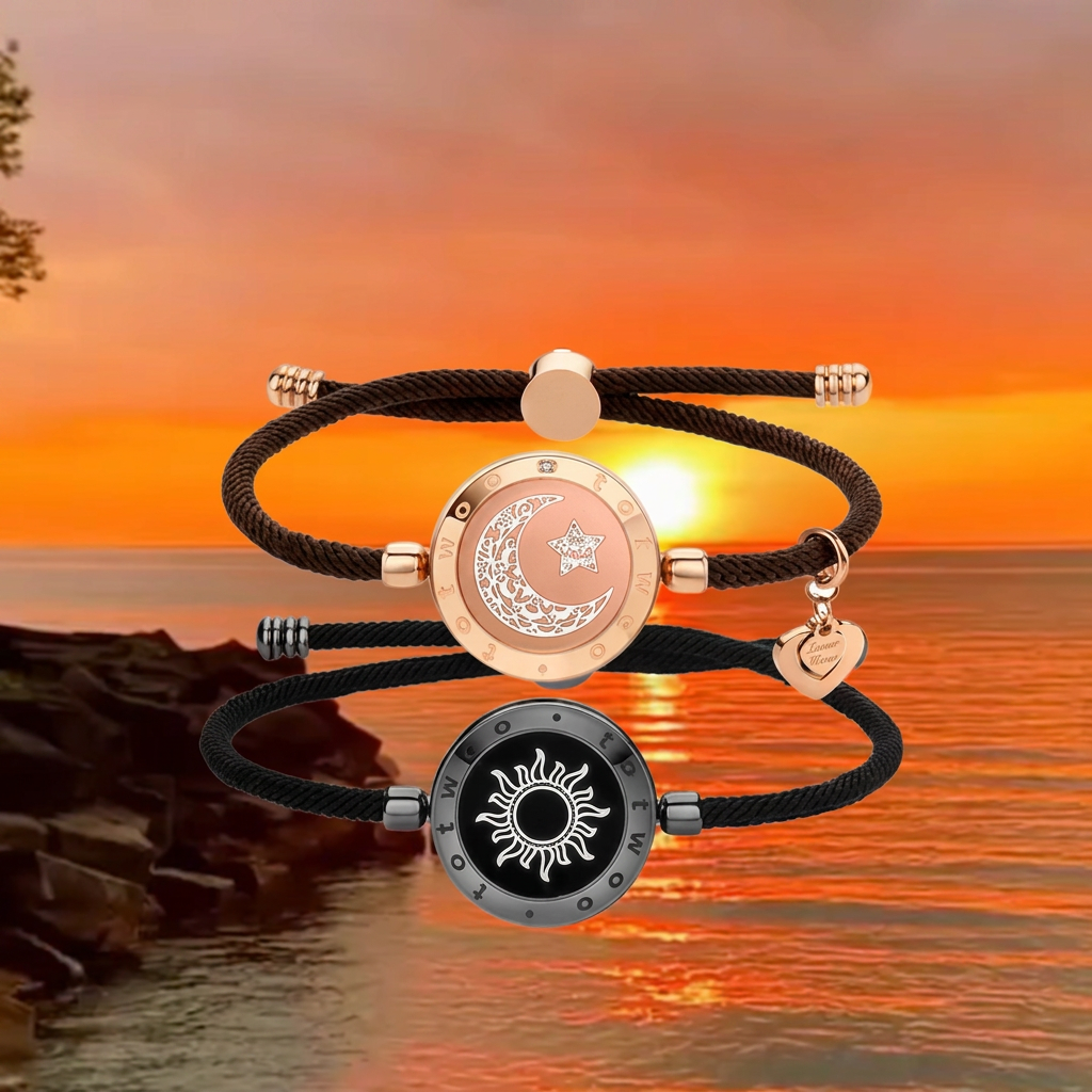 Snake Chain Bracelets in black rope and rose-gold with sun, moon, and star charms on a golden sunset seascape