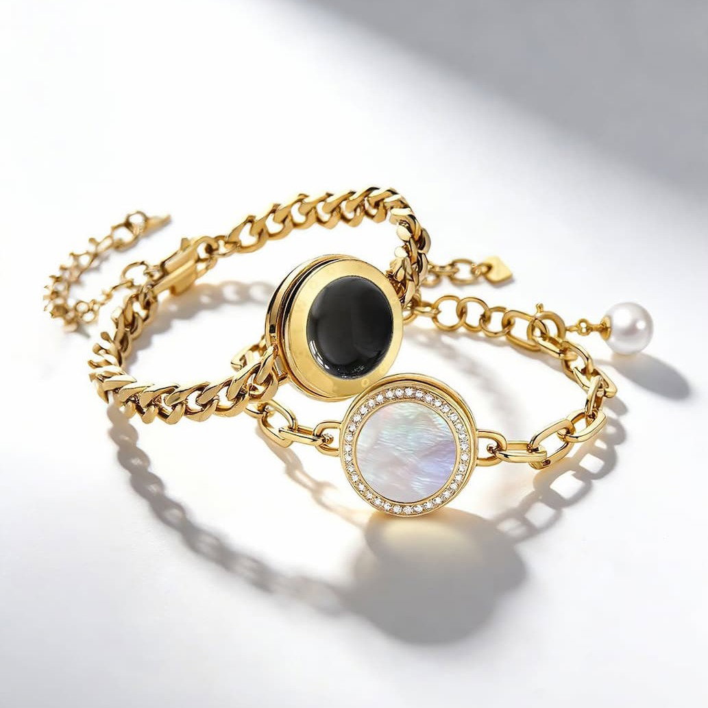 Soulmate Bracelet Pair in dark rope and rose-gold, connected by a soft I miss you message across a dreamy landscape
