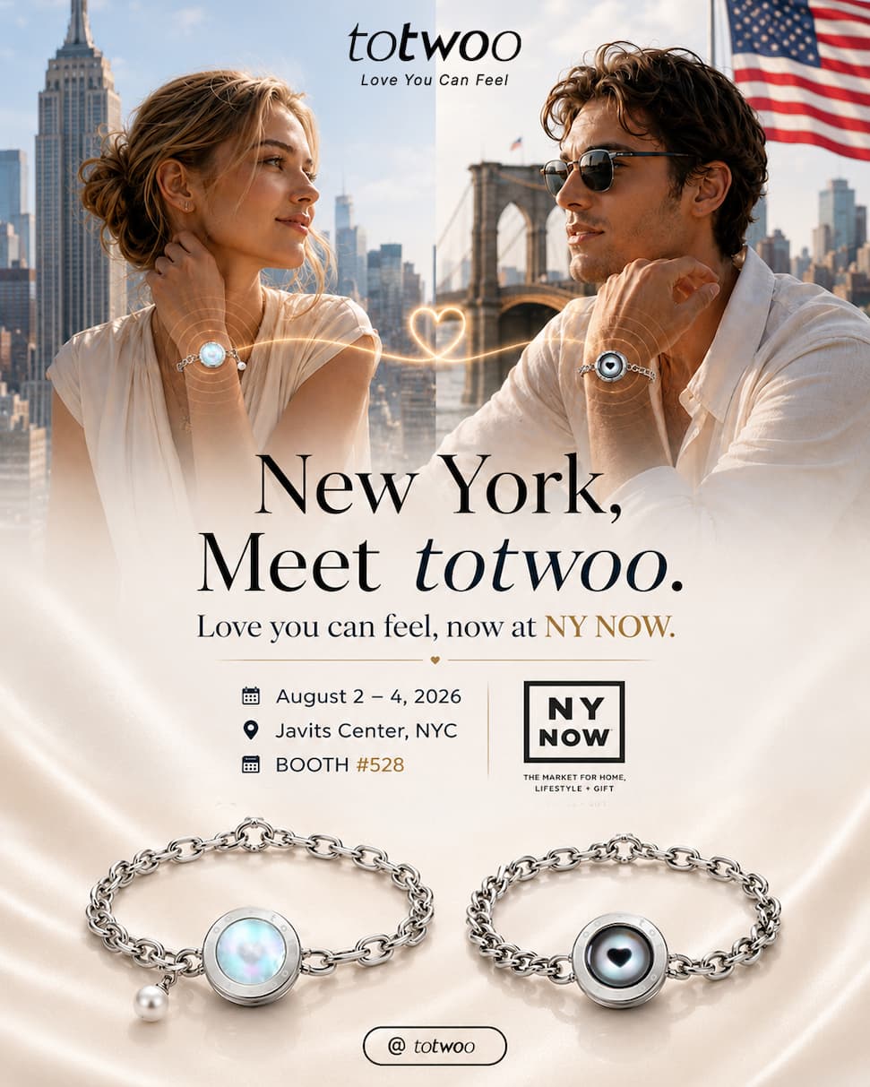 totwoo NY NOW 2026 poster: New York skyline with couple wearing glowing smart bracelets, event details, and Booth #528