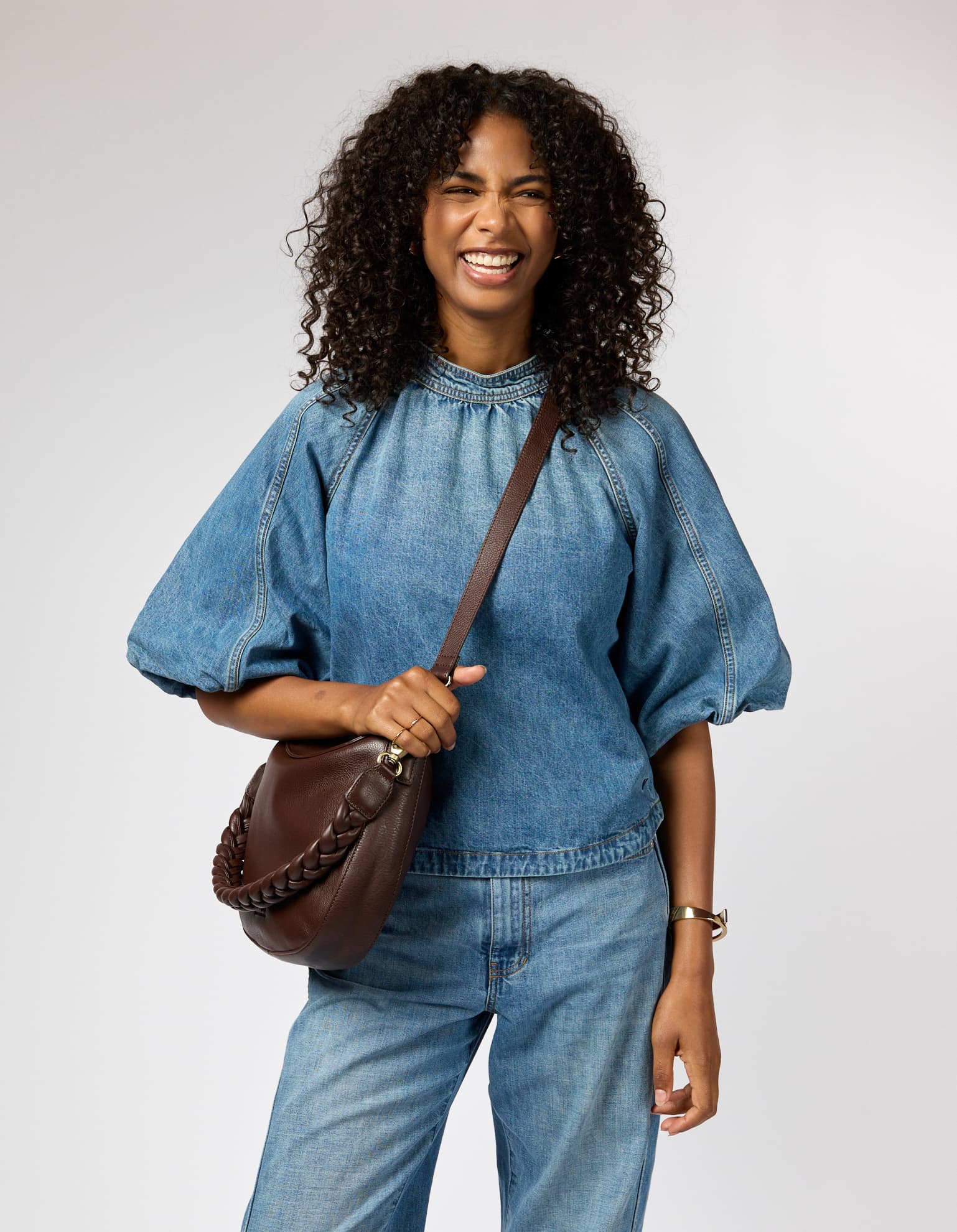 Model wearing Lana bag in Chocolate color
