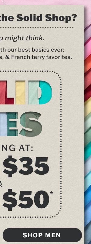 Men's solid tees starting at 2 for $35, 3 for $50.