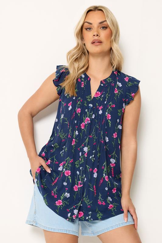 Image of YOURS Ãrmelloses Oberteil in Marineblau mit Blumenmuster und Biesen