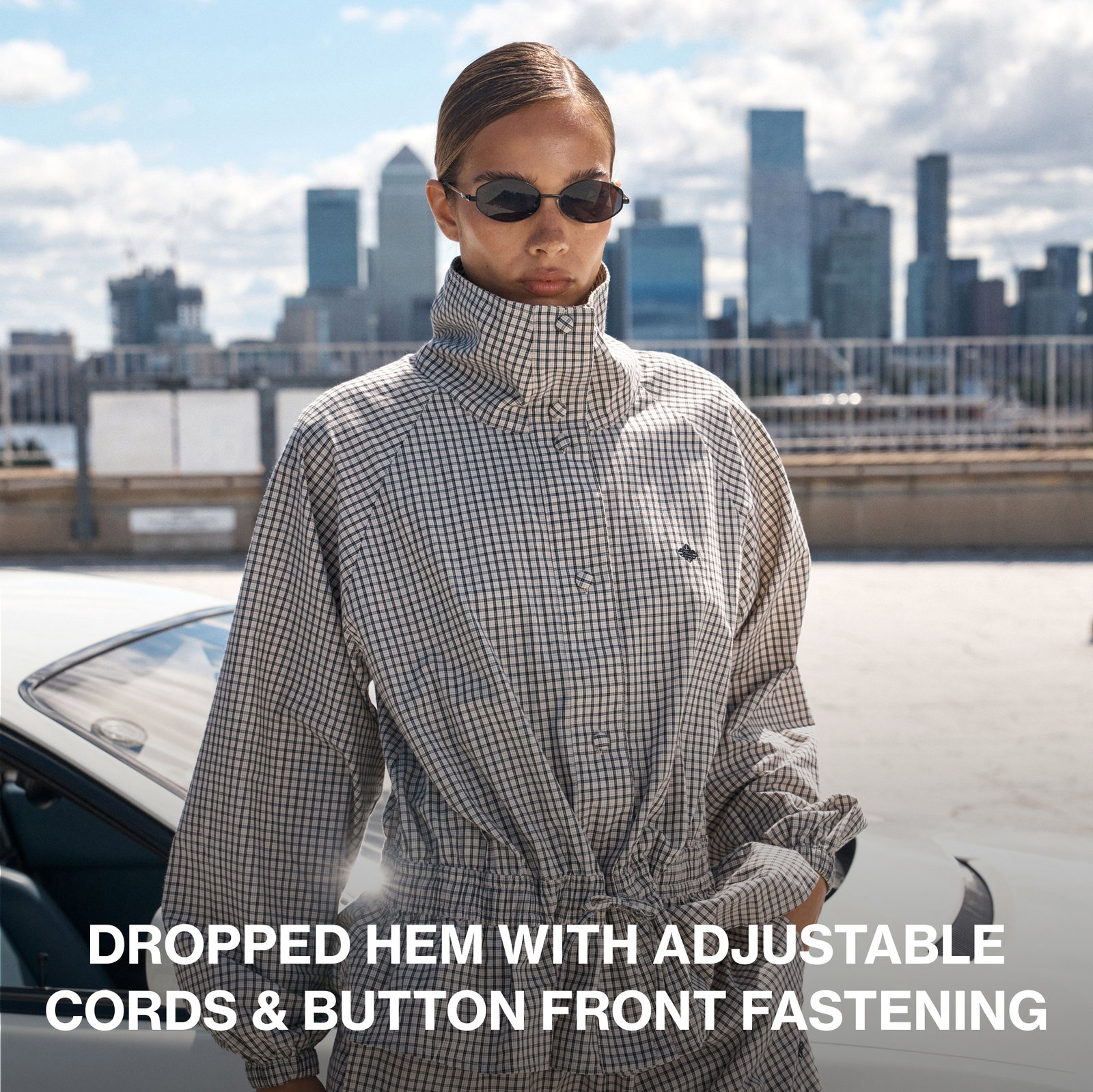 CHECKED DROP WAIST FUNNEL NECK JACKET