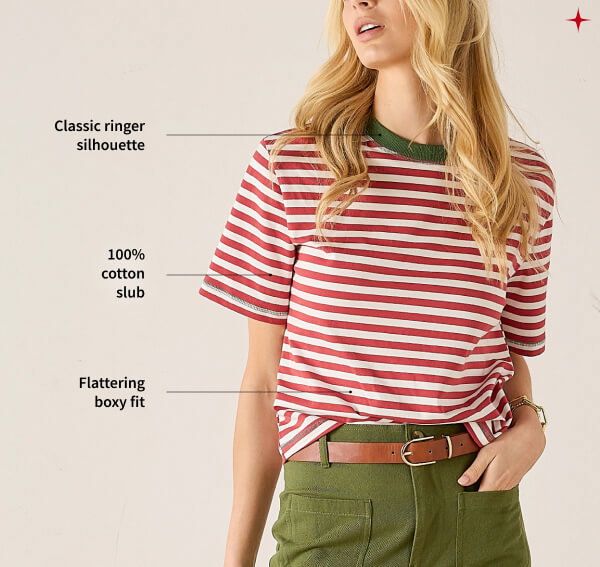 Image of a woman wearing a red striped short sleeve tee.