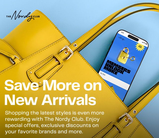 Save more on new arrivals with The Nordy Club. A phone spilling out of a yellow handbag.