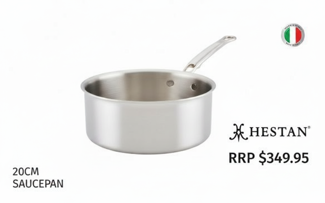 A Hestan 20cm stainless steel saucepan with price and Italian flag logo.