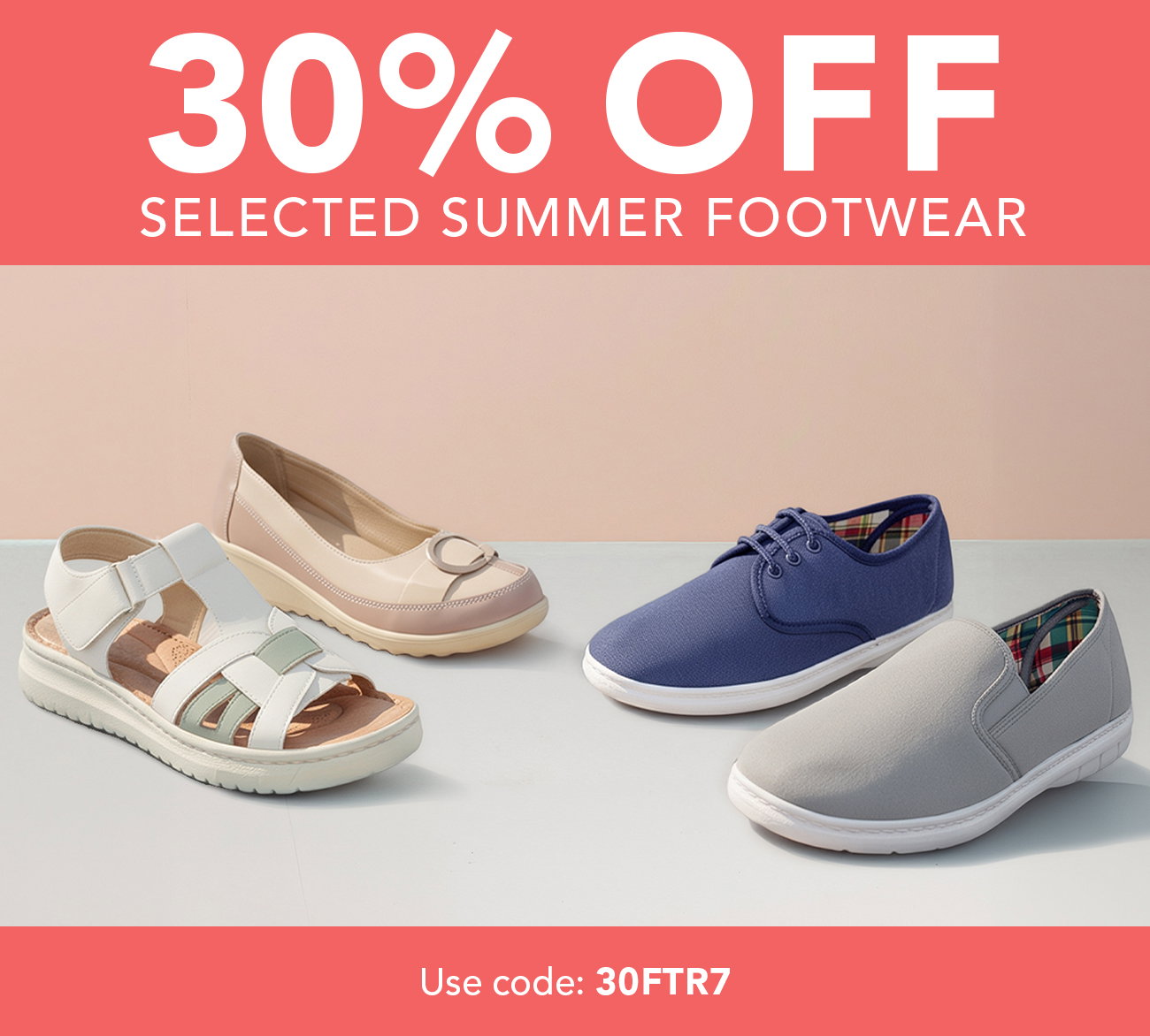 Save 30% off selected footwear when you use code: 30FTR7