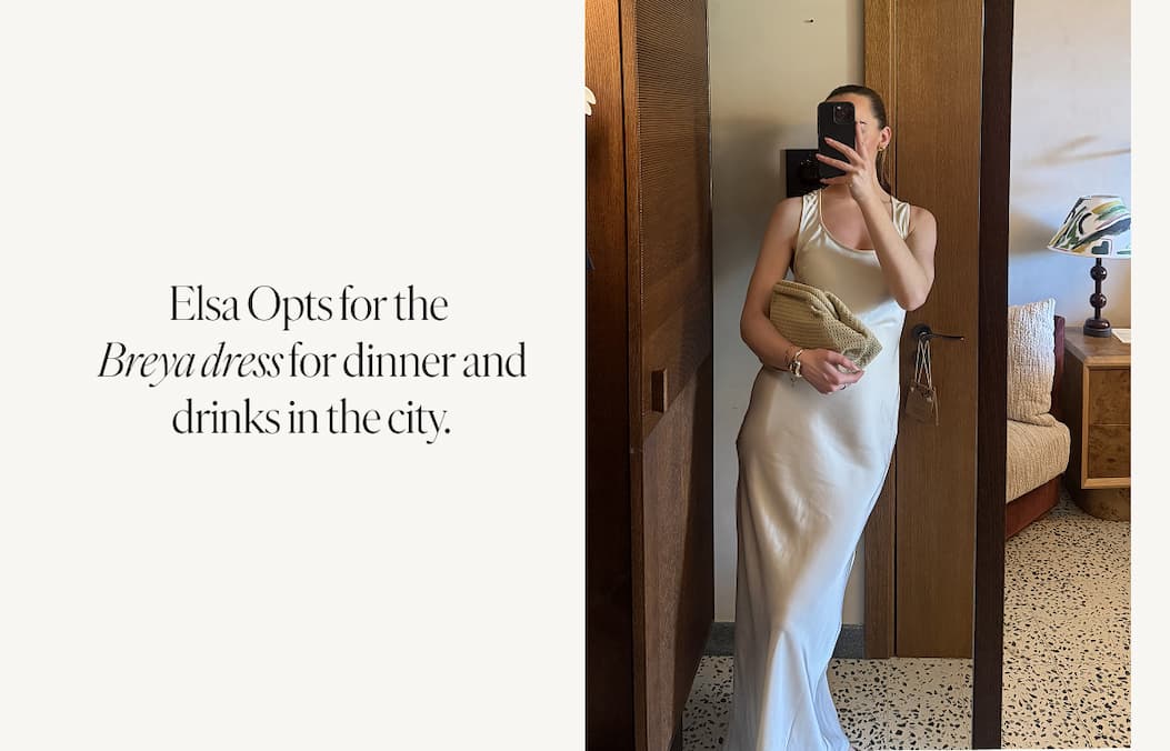 Elsa opts for the Breya Dress for dinner and drinks in the city
