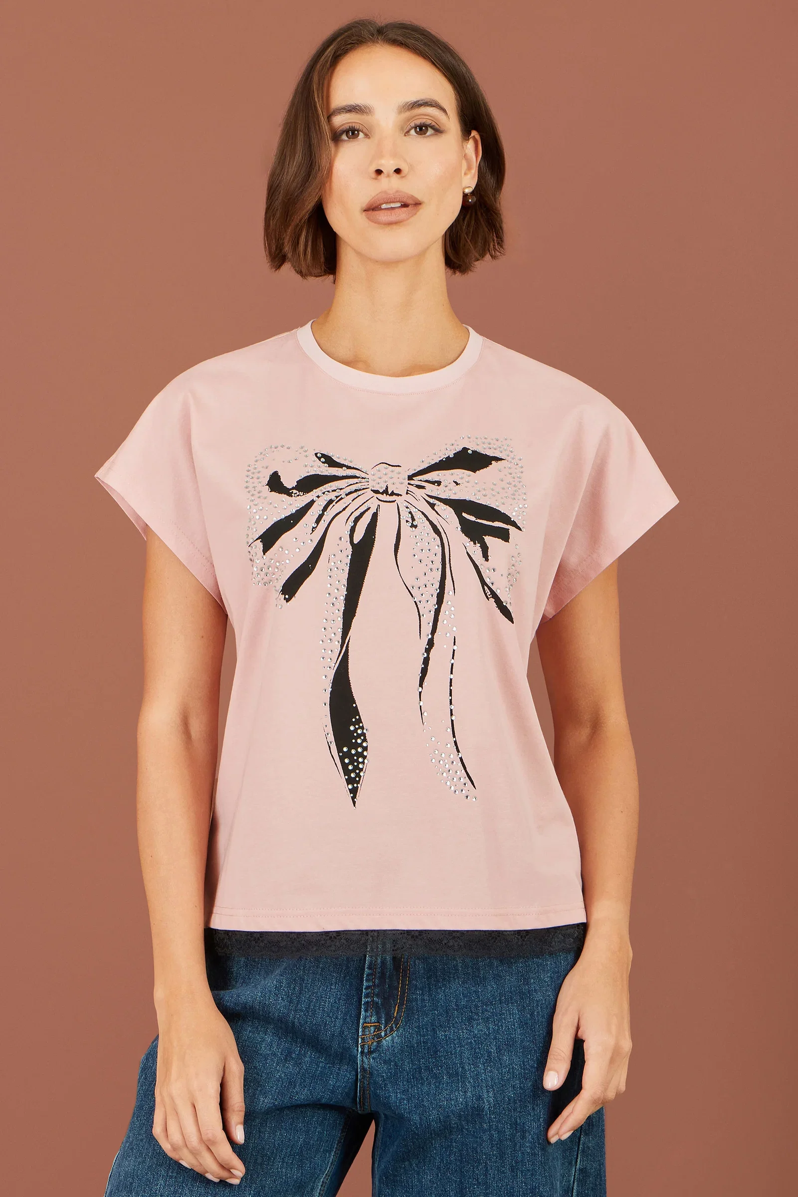 Yumi Pink Bow T-Shirt With Lace