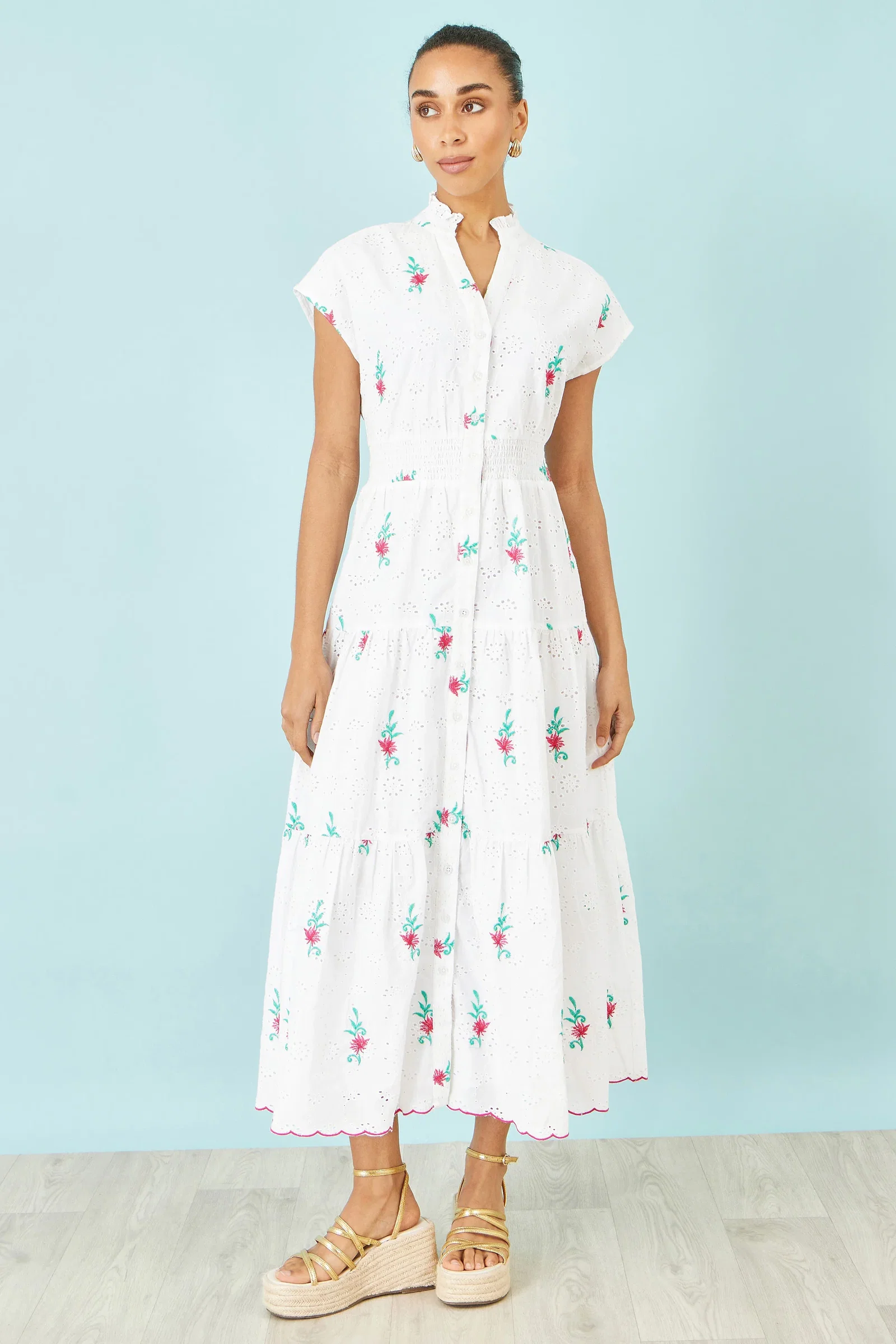 Yumi White Cotton Broderie Anglaise Embroidered Midi Dress