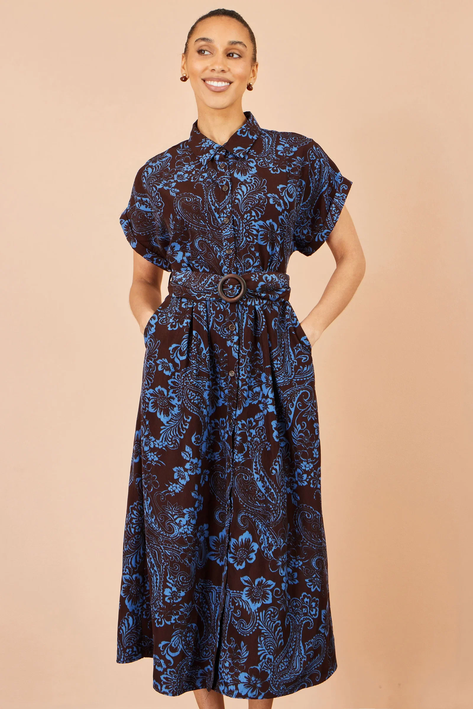 Yumi Brown Paisley Midi Shirt Dress