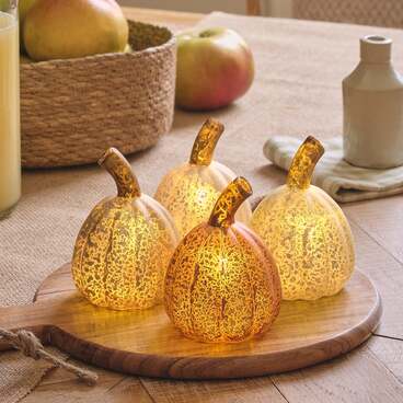 Lot de 4 Mini Citrouilles Lumineuses en Verre à la Patine Blanche