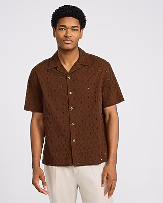Textured Floral Eyelet Short Sleeve Shirt