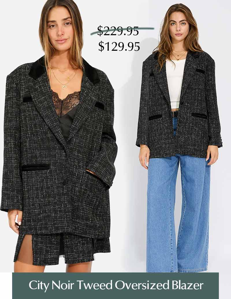 City Noir Tweed Oversized Blazer - Black