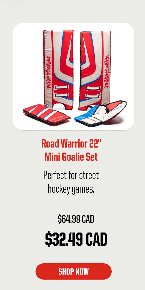 Product Block 2: Road Warrior 22" Mini Goalie Set. Perfect for street hockey games. $32.49 CAD (was $64.99 CAD). CTA: Shop Now