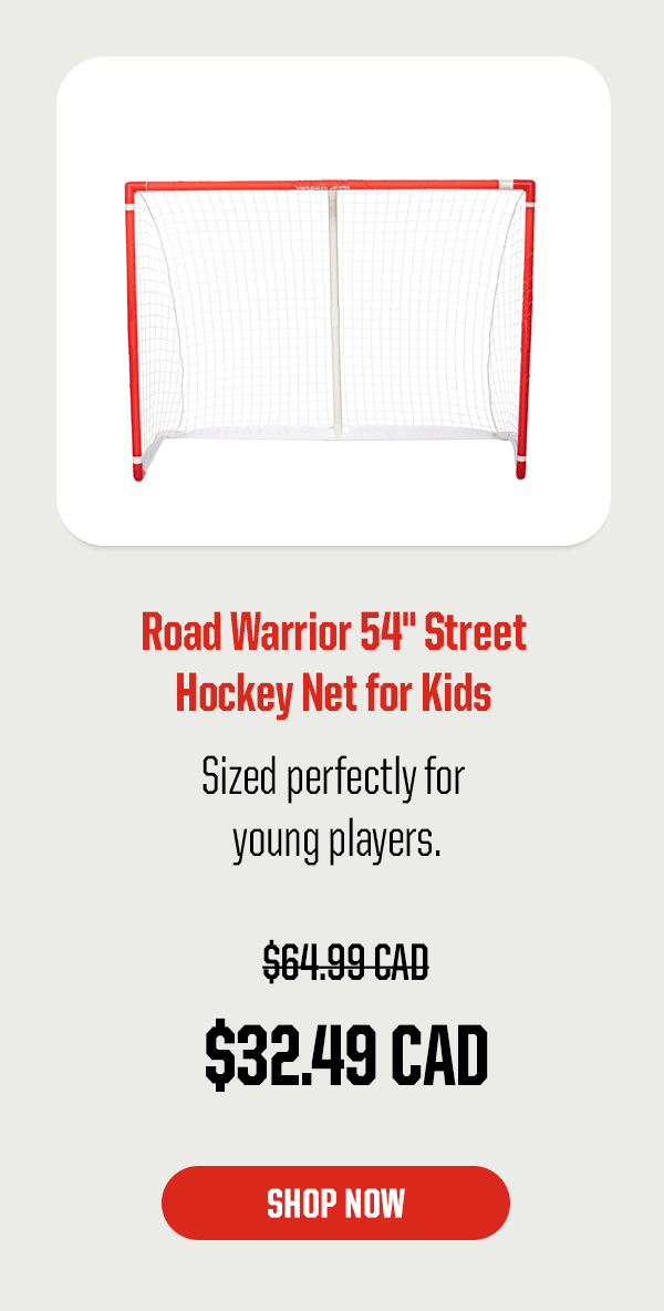Product Block 3: Road Warrior 54" Street Hockey Net For Kids. Sized perfectly for young players. $32.49 CAD (was $64.99 CAD). CTA: Shop Now