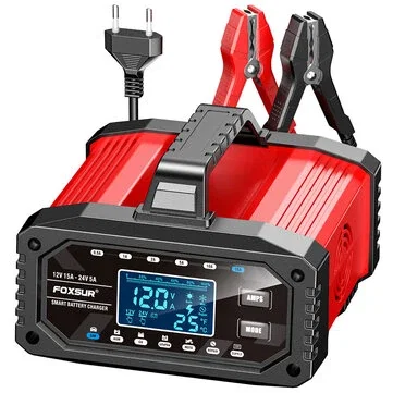 FOXSUR 12V 15A / 24V 5A 300W Battery Charger Lead-Acid AGM GEL LiFePO4 Tester Smart Pulse Repair Tools for Car Motorcycle Boat