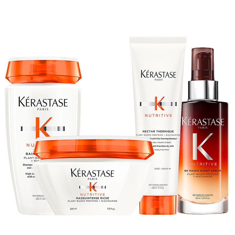 Bain Satin Riche, Masquintense Riche, Nectar Thermique y 8h Magic Night Serum.